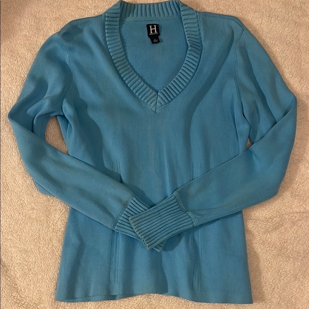 Tommy Hilfiger Blue V-Neck Sweater with Ribbed Details